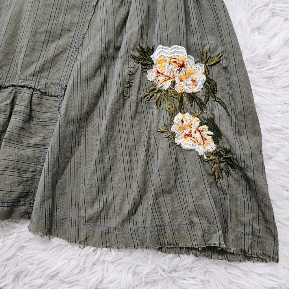 3J Workshop Olive Green Pinstripe Floral Embroidered Asymmetrical Midi Skirt 6 - Picture 4 of 10
